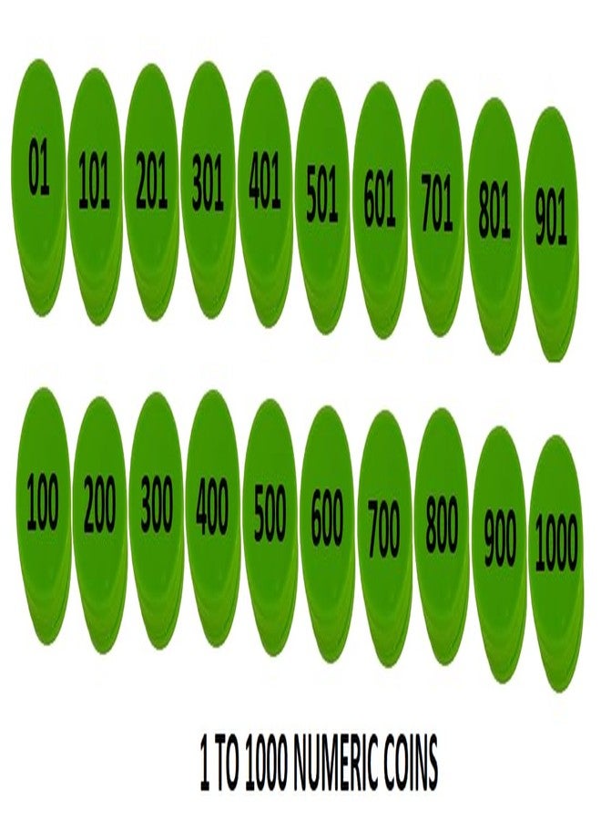 موريل عملة معدنية دائرية الشكل من البلاستيك من موريل، منقوشة، من 1 إلى 1000 (31 مم)، مناسبة للمتاجر، وألعاب الطاولة، والمنازل، والمدارس، وغيرها. (لون أخضر)، ضمان طباعة مدى الحياة. - Image 2